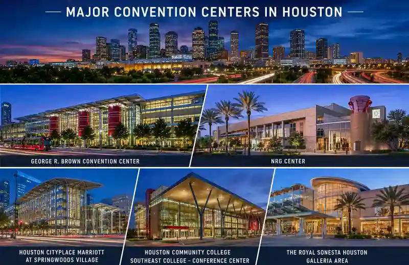 Major convention centers in Houston featuring George R. Brown Convention Center, NRG Park venues, Downtown Houston business districts, and large-scale event facilities for conferences and trade shows.